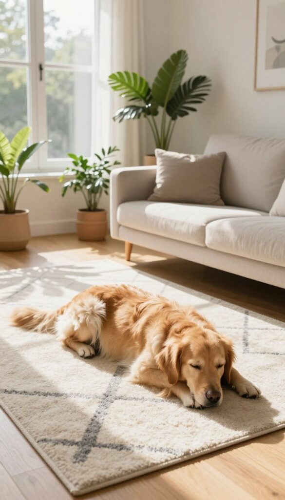 A stylish living room with a washable rug and a golden retriever resting on it, showcasing a practical yet aesthetic dog-friendly home.