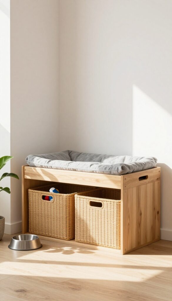 Elevated dog bed with storage bins underneath in a bright corner of a modern apartment