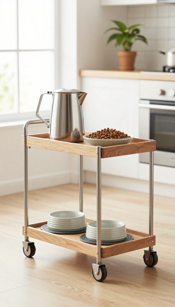 A rolling cart used as a mobile dog feeding station, featuring kibble storage, water jug, and bowls in a tidy home setting with natural light.