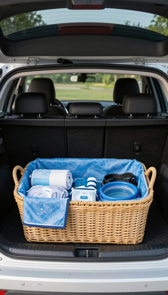 A car trunk with a basket containing dog travel essentials like a water bowl, towel, waste bags, first aid kit, and leash, ready for a day trip.