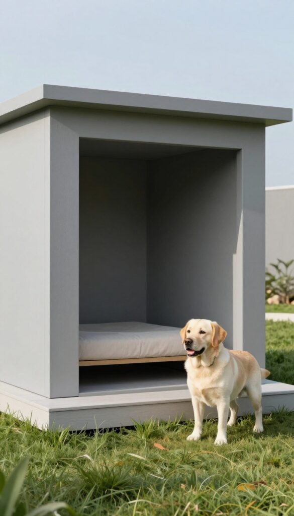 Modern minimalist dog house in a garden with a Labrador relaxing beside it