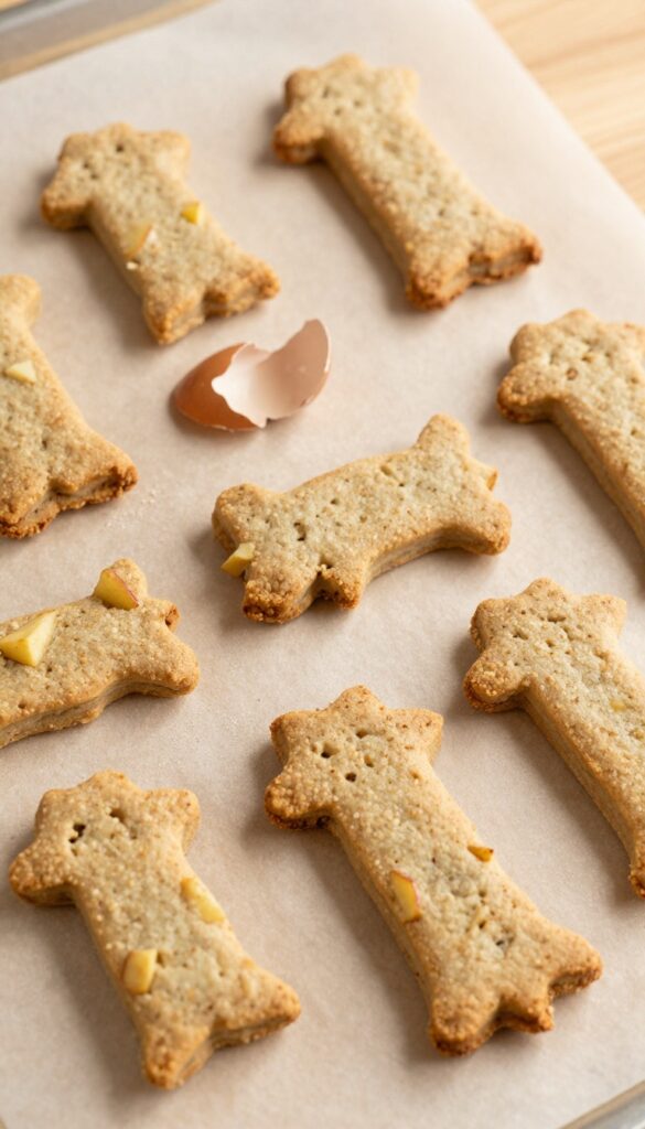 Homemade sourdough apple cinnamon dog treats on a baking tray, showcasing crunchy golden biscuits with apple pieces and cinnamon, set on a plain wooden surface in natural light.