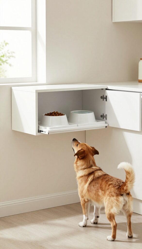 A fold-down wall cabinet for dog feeding areas, shown open with built-in bowls and storage, in a bright, clean home setting with a dog nearby.
