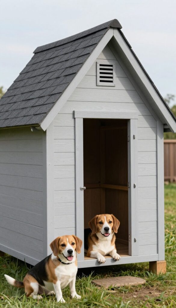 Classic A-frame dog house in backyard with Beagle nearby