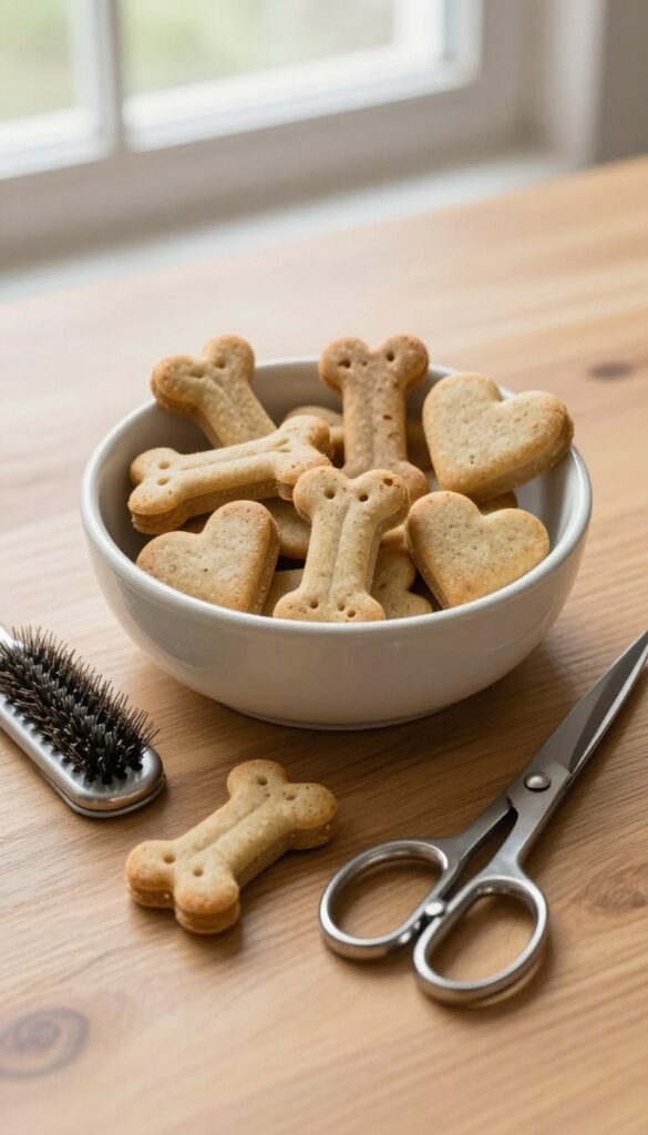 A bowl of homemade dog treats with grooming tools on a wooden surface, representing breed-specific grooming styles for long-haired dogs.