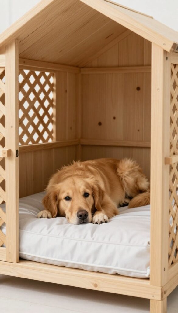 Under-deck dog house with lattice enclosure and a dog resting on a waterproof bed in natural shade