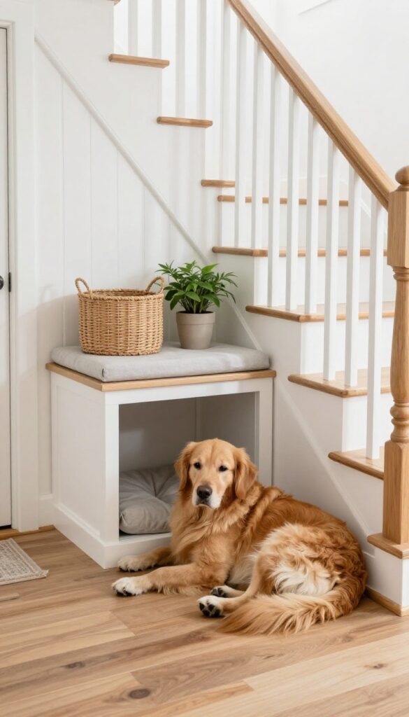Built-in bench over under-stairs dog cubby with storage basket and plant, golden retriever resting inside.