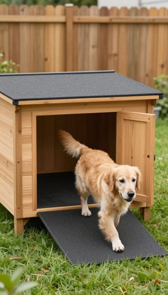 Senior dog walking up a non-slip ramp to a wooden dog house in a sunny backyard