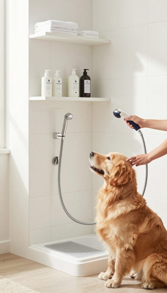A dog wash station in a mudroom with a golden retriever being rinsed off using a handheld sprayer.