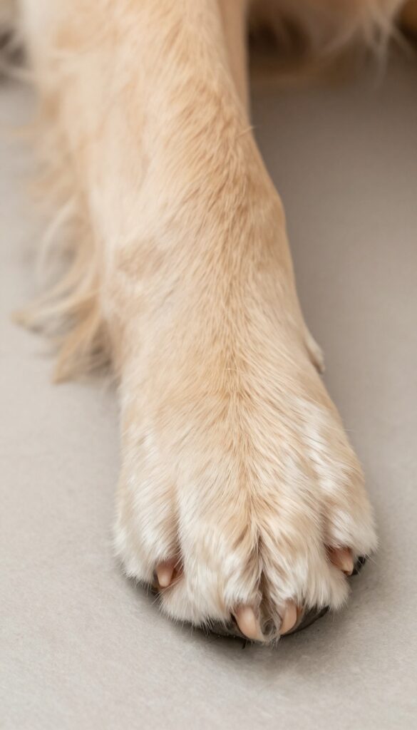 Close-up of a dog's paw with a tidy feet trim, showing neatly groomed fur between toes in bright natural light.