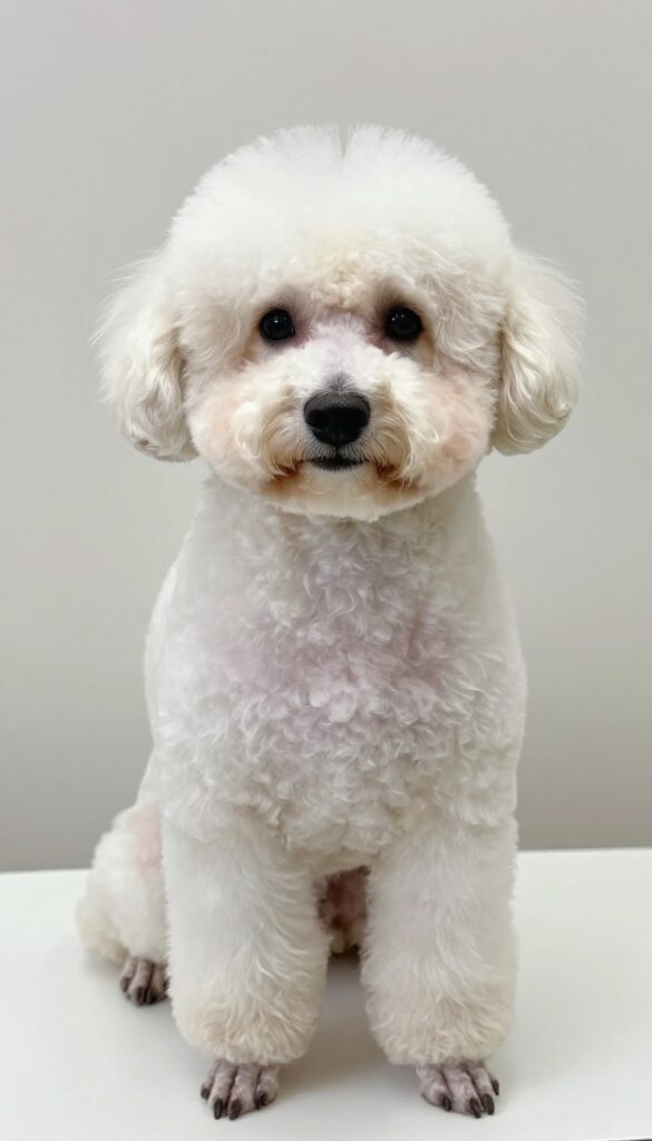 A poodle with traditional pom-pom grooming style, showcasing fluffy tufts on legs and tail in natural light for a classic, elegant look.