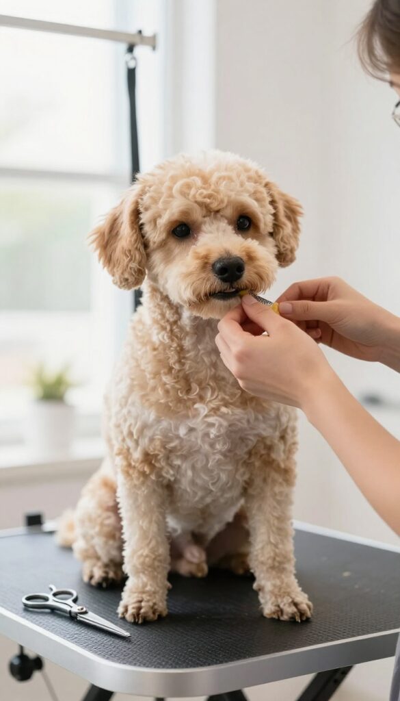 A helper distracting a poodle with a treat during face grooming to keep the dog calm and focused.