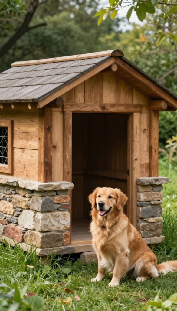 Rustic dog house with stone base and wooden top in sunny backyard.