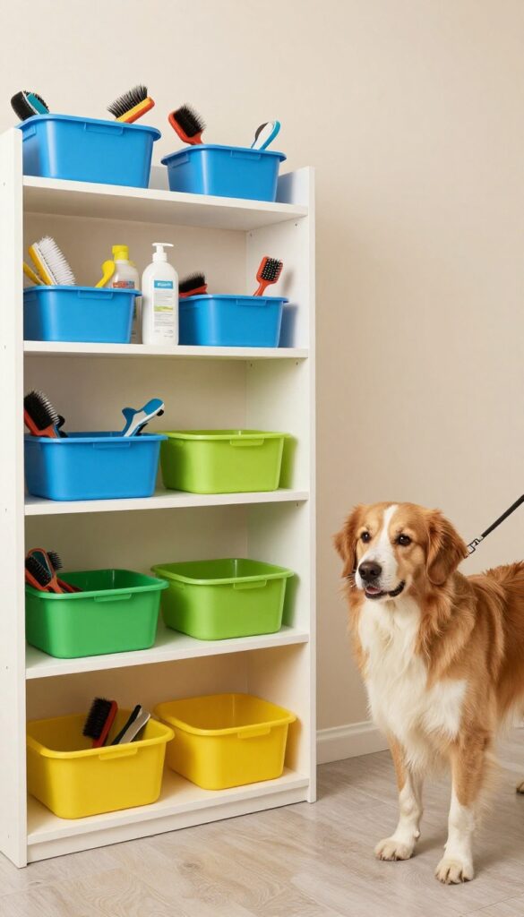 A tidy dog grooming area with color-coded storage bins on shelves, containing brushes and supplies, next to a happy dog in natural light.