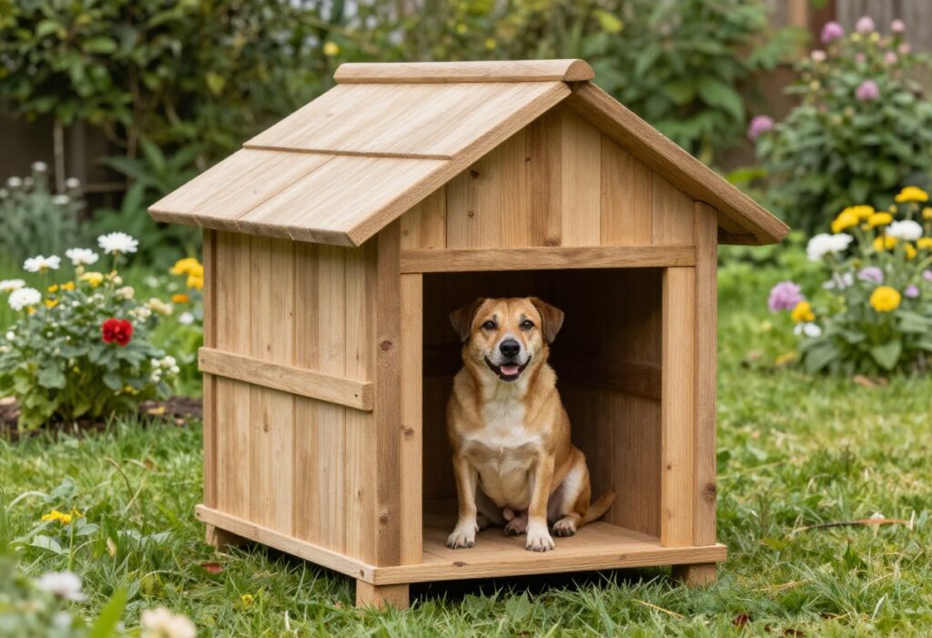 Rustic wooden dog house with a dog sitting on the porch in a sunny backyard