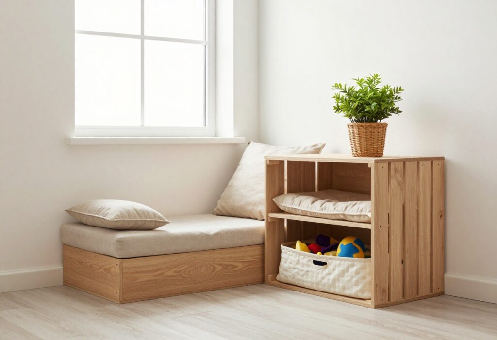 A calm living room with a dog crate nook, featuring a wooden crate with cushion, plant, and toy basket.