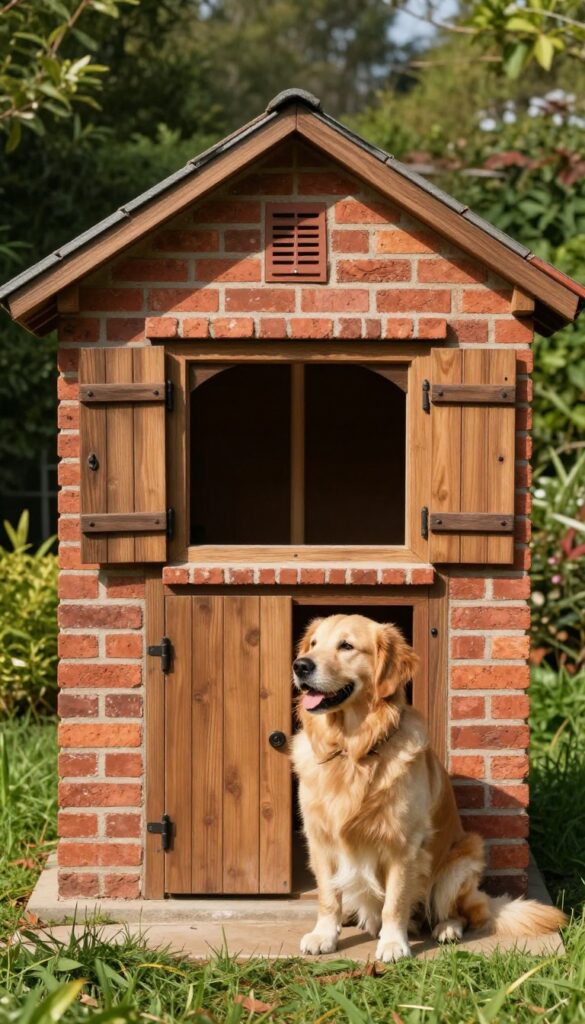 Brick dog house with windows and ventilation in a sunny backyard