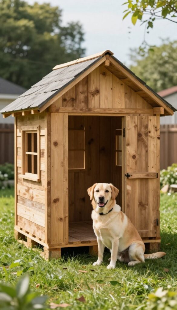 Rustic upcycled pallet dog cabin in a sunny backyard with a Labrador Retriever sitting beside it