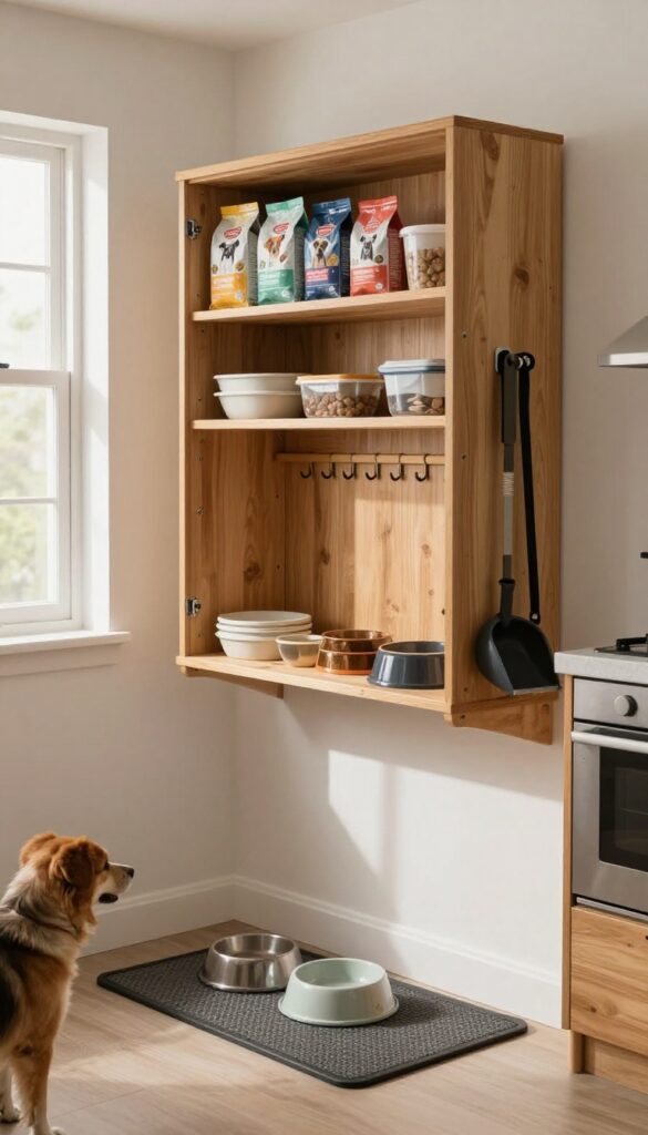 A wall-mounted cabinet in a small kitchen storing dog food and accessories, creating an organized feeding station to save floor space.