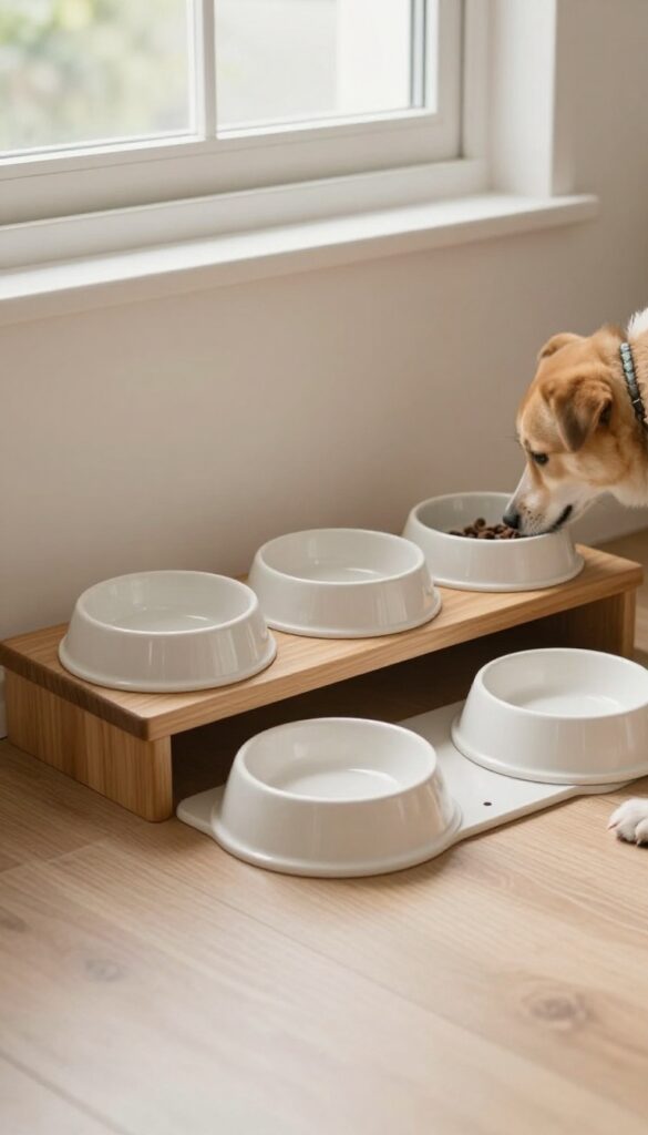 Cozy under-stairs feeding station with raised bowls for dogs