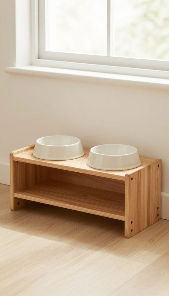 A wall-mounted dog feeding shelf with hidden storage compartments in a bright kitchen, showing empty bowls and tidy organization without clutter.