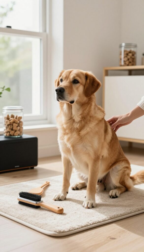 A calm dog during grooming with calming elements like music and treats in a bright, natural-lit home setting
