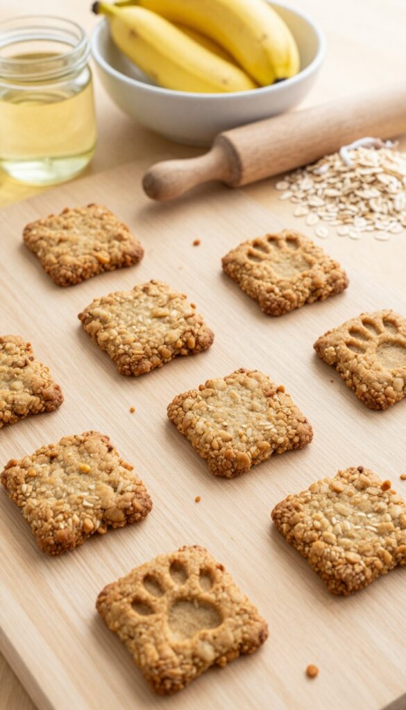 A batch of homemade crunchy banana oat biscuits for dogs, arranged on a wooden surface with natural ingredients like banana, oats, and coconut oil visible in the background, emphasizing a dog-friendly treat recipe.