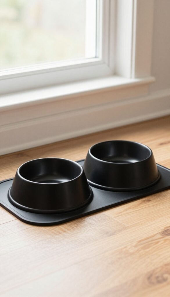A black ceramic dog bowl set on a non-slip mat, arranged elegantly on a hardwood floor in bright natural light, illustrating a practical and stylish feeding station for dogs.
