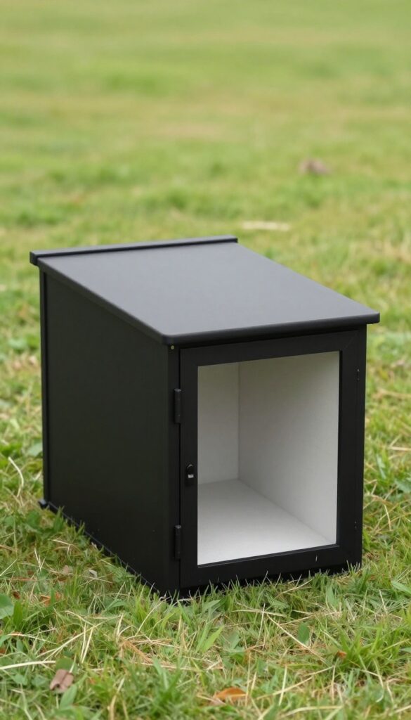 Sleek black box dog house with matte finish in a minimalist outdoor setting