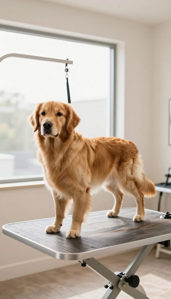 A Golden Retriever being groomed under good lighting from an adjustable lamp in a bright, clean home grooming room.