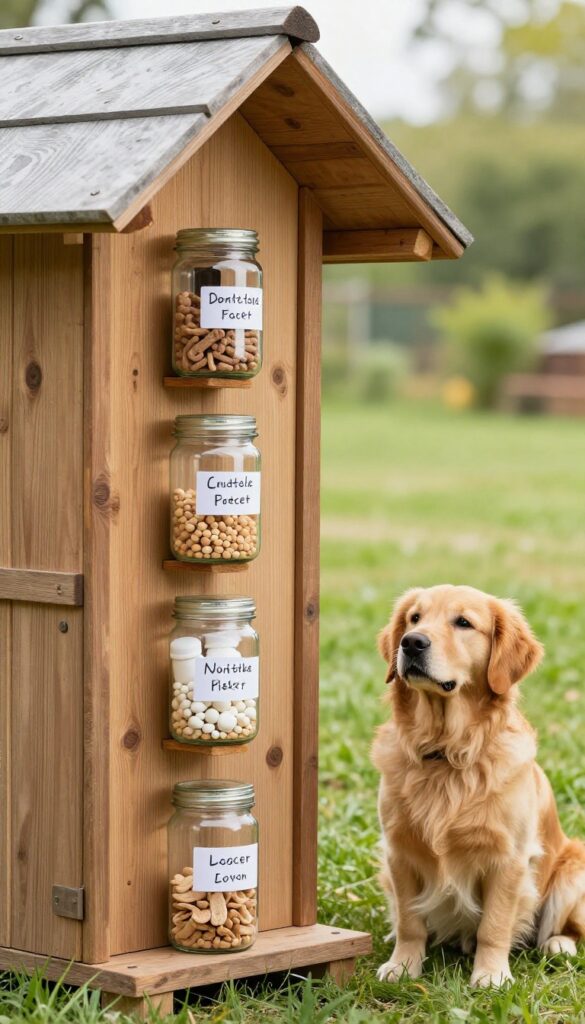 Wall-mounted cubbies on a dog house storing treats and medications in labeled glass jars, with a dog sitting beside.