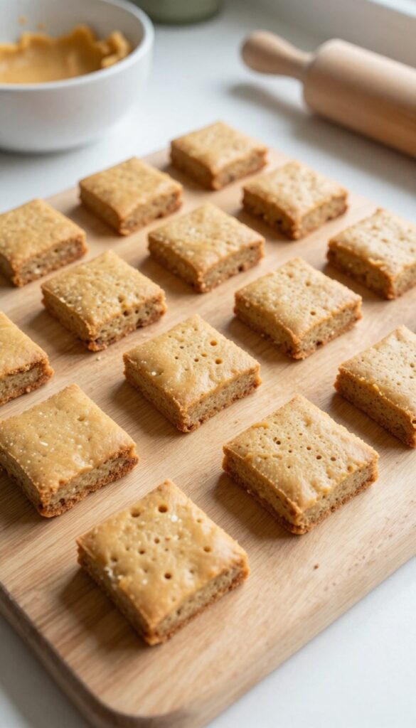 Homemade peanut butter sourdough crunch bites for dogs, showing golden-brown square biscuits on a wooden board with baking tools in natural light.