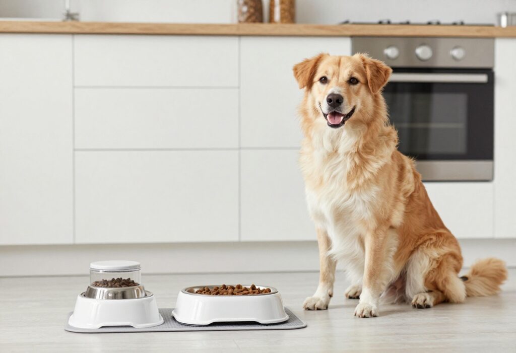 A dog waiting calmly by a neat feeding setup with elevated bowls and storage containers in a well-lit kitchen.