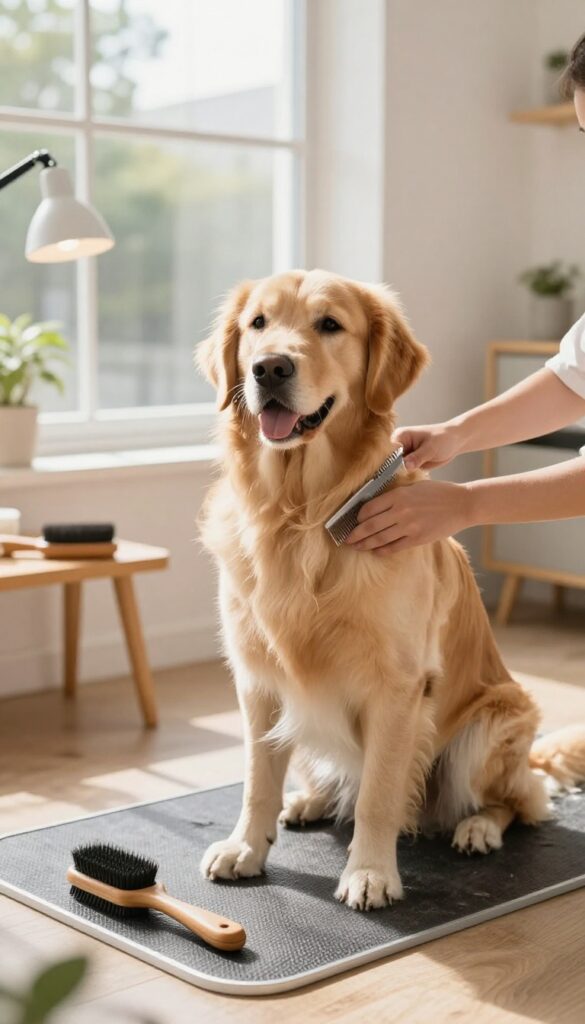 A serene home grooming setup with a dog under soft, even lighting to reduce shadows and glare during grooming.