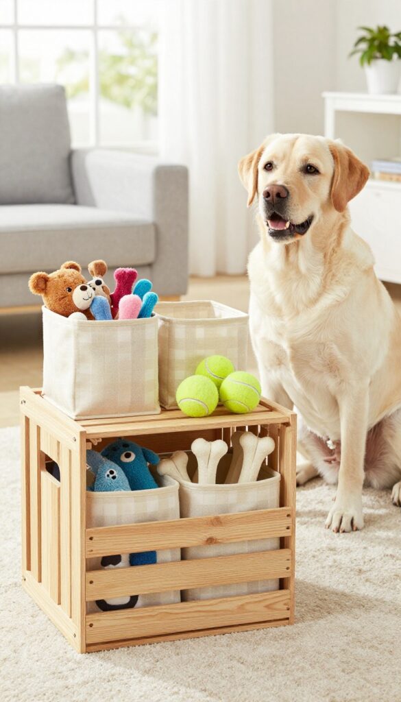 A decorative multi-bin toy storage crate in a tidy home setting, with separate sections for plush toys, balls, and chewables, and a Labrador nearby.