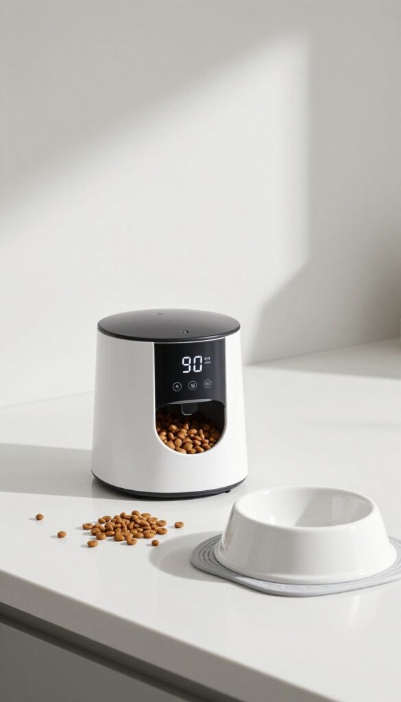 A pet food dispenser with timer on a kitchen counter, ready to automate feeding for dogs in an organized home.
