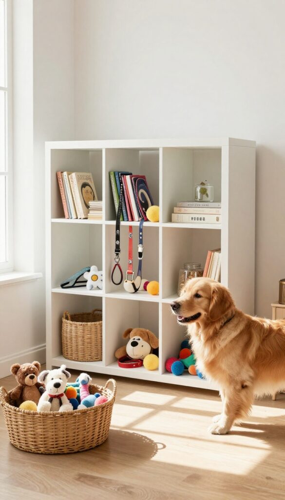 Dog owner's organized toy and gear storage corner with open shelving and a basket for pet toys