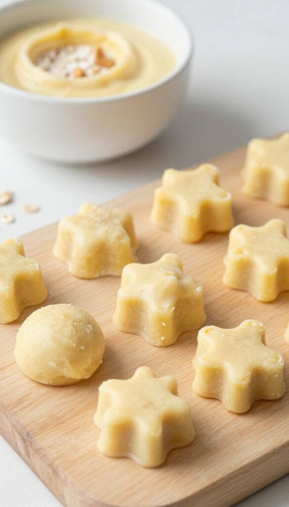 Close-up of frozen banana yogurt dog treats in a silicone mold, with ingredients like mashed banana and oat flour visible in the background, representing a homemade dog snack recipe for hot weather.