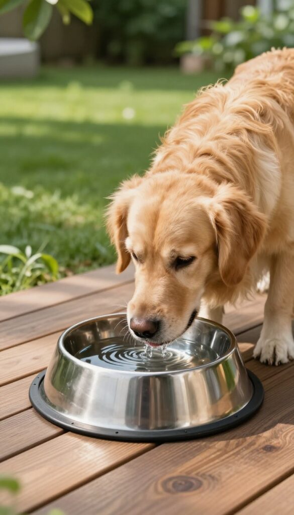 Dog drinking from a clean water bowl on a non-slip mat in a shaded backyard