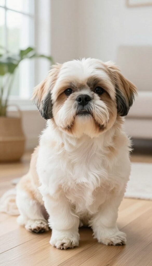 A Shih Tzu dog with trimmed ears and paws sitting in a clean, well-lit room, showcasing a simple grooming style for hygiene and comfort.