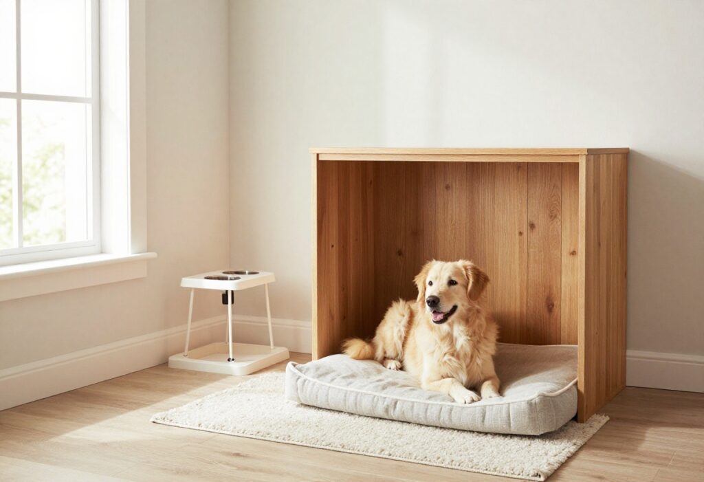 A cozy pet room with a built-in crate nook, washable rug, and feeding station, featuring a relaxed dog on a bed.