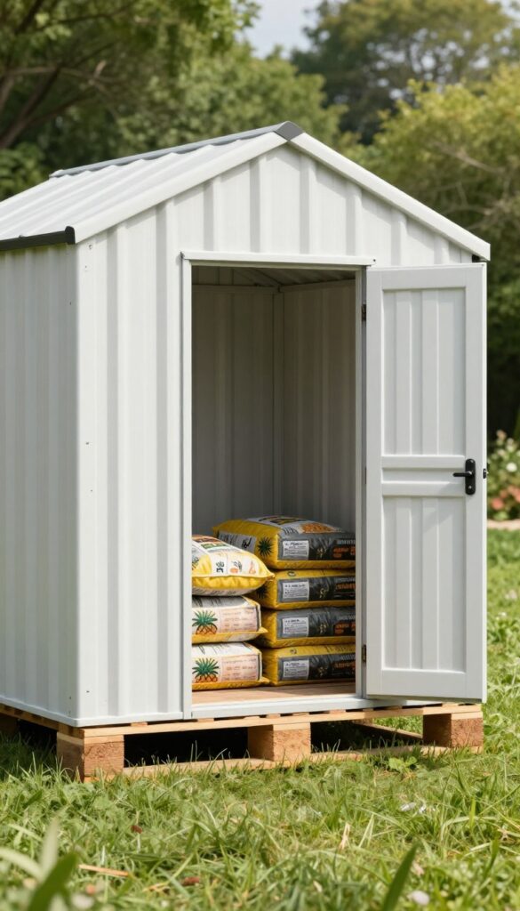 A weatherproof outdoor storage shed elevated on a pallet, containing neatly stacked dog food bags, set in a sunny backyard to illustrate bulk food storage for dogs.