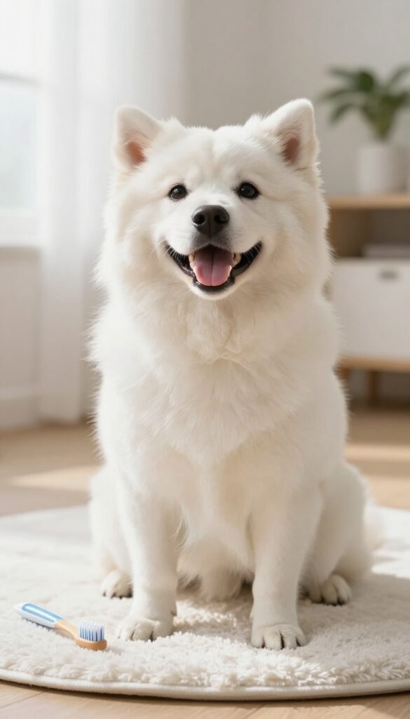A dog receiving gentle teeth brushing from its owner in a bright, natural setting to promote dental health.