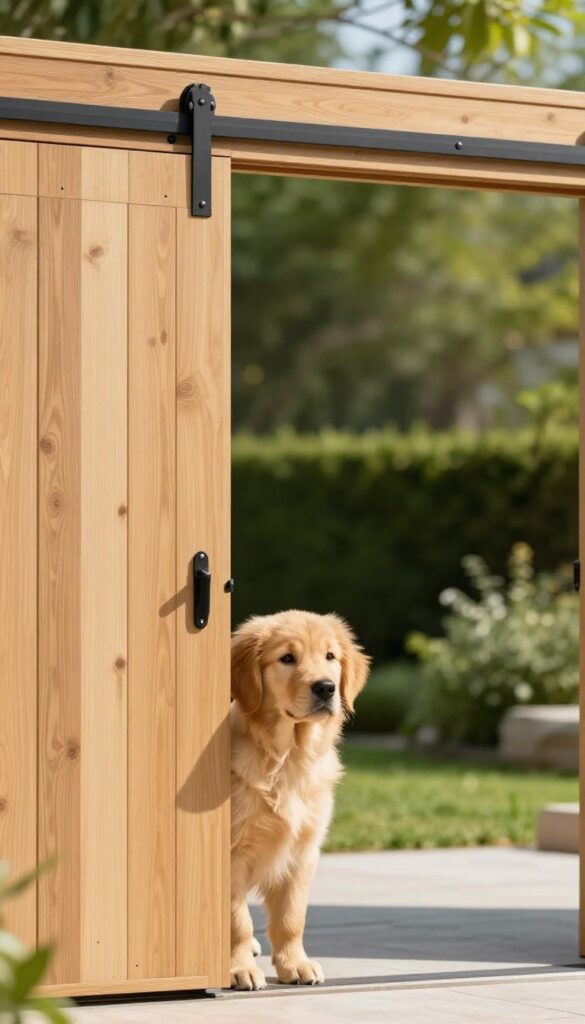 Sliding panel dog door with golden retriever puppy peeking out