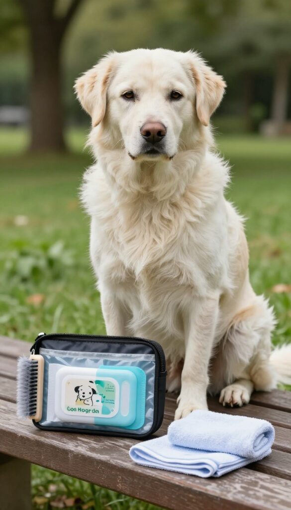 A dog with mouth stains sitting outdoors next to an open portable cleaning kit containing wipes, a brush, and a towel.