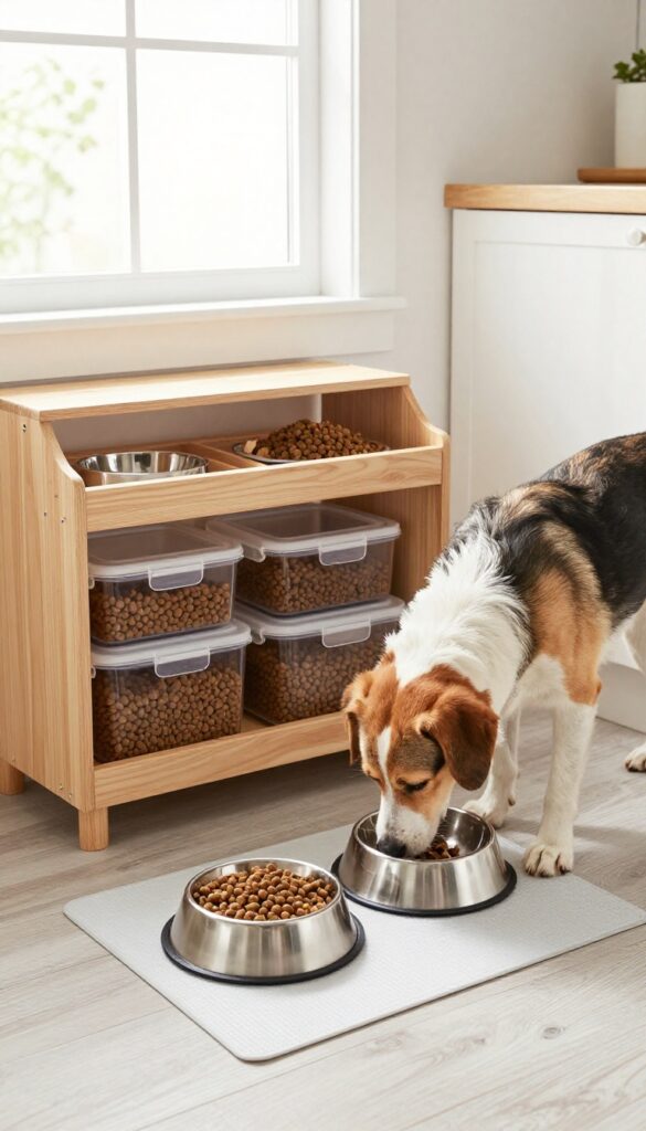 Dog eating from elevated bowls in a feeding station with storage and waterproof mat in a bright kitchen