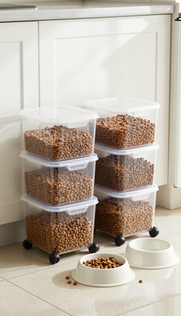 Stackable clear dog food containers with wheels on a tile floor in a bright kitchen pantry