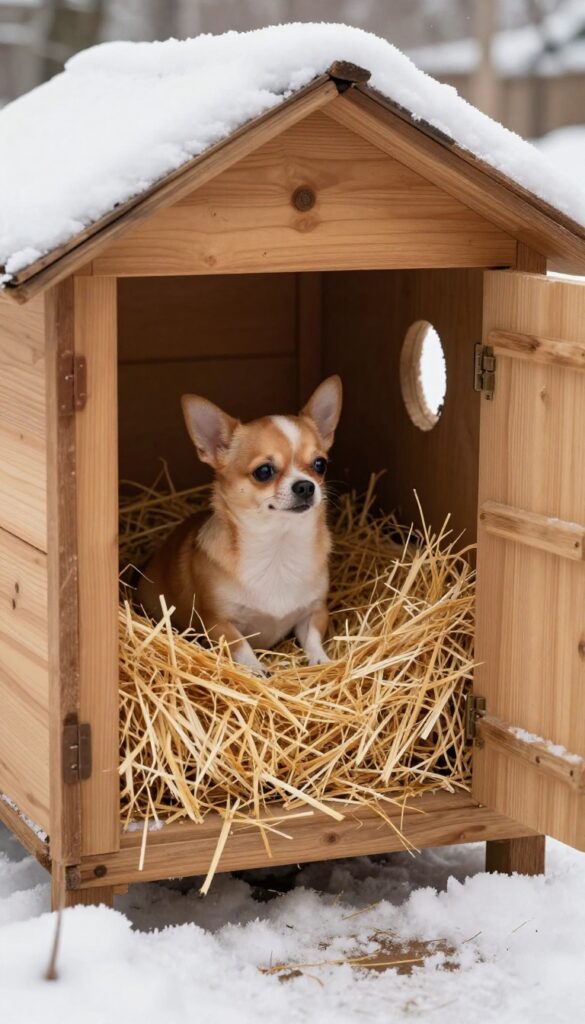 Dog house with straw bedding and a small dog resting inside during winter