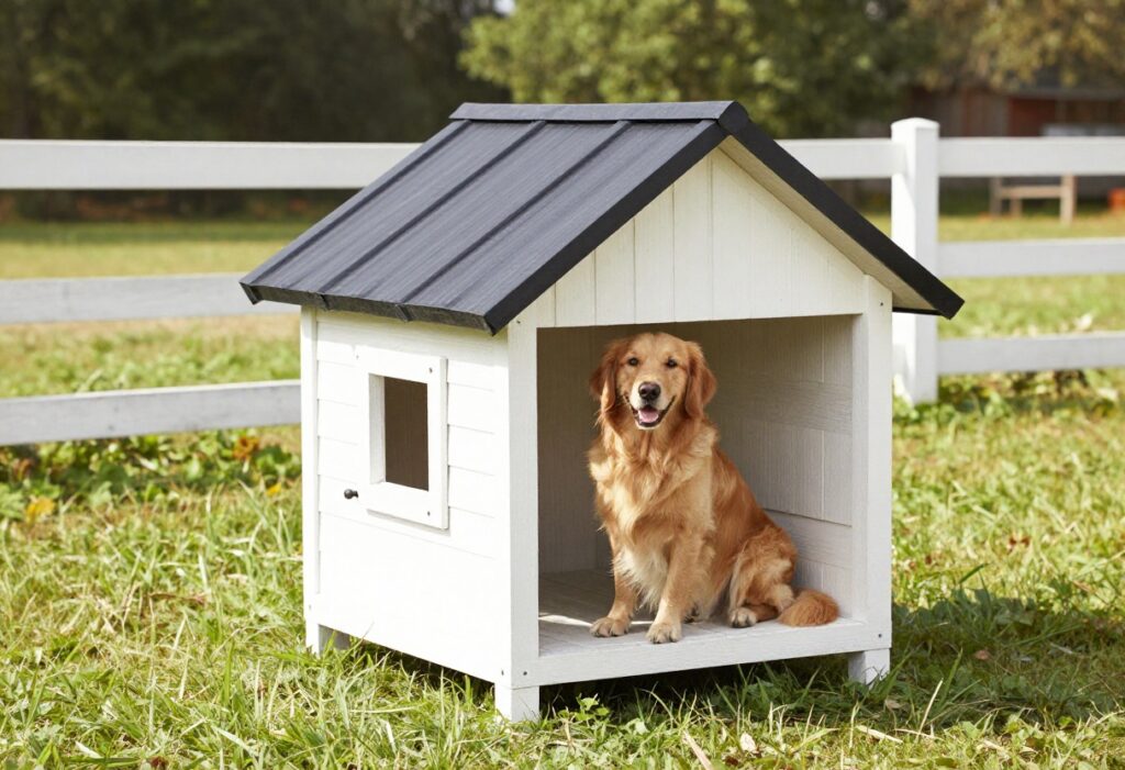 Farmhouse dog house with white siding and black metal roof in a sunny rustic yard, with a golden retriever sitting on the porch.