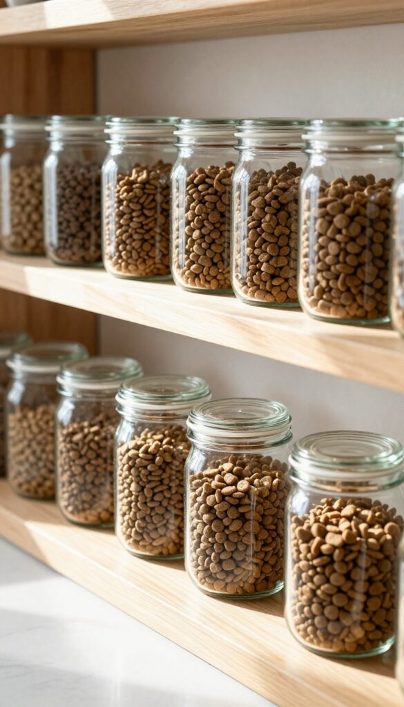 Clear glass jars storing dog food on a shelf in a bright kitchen, illustrating stylish storage for pet owners.